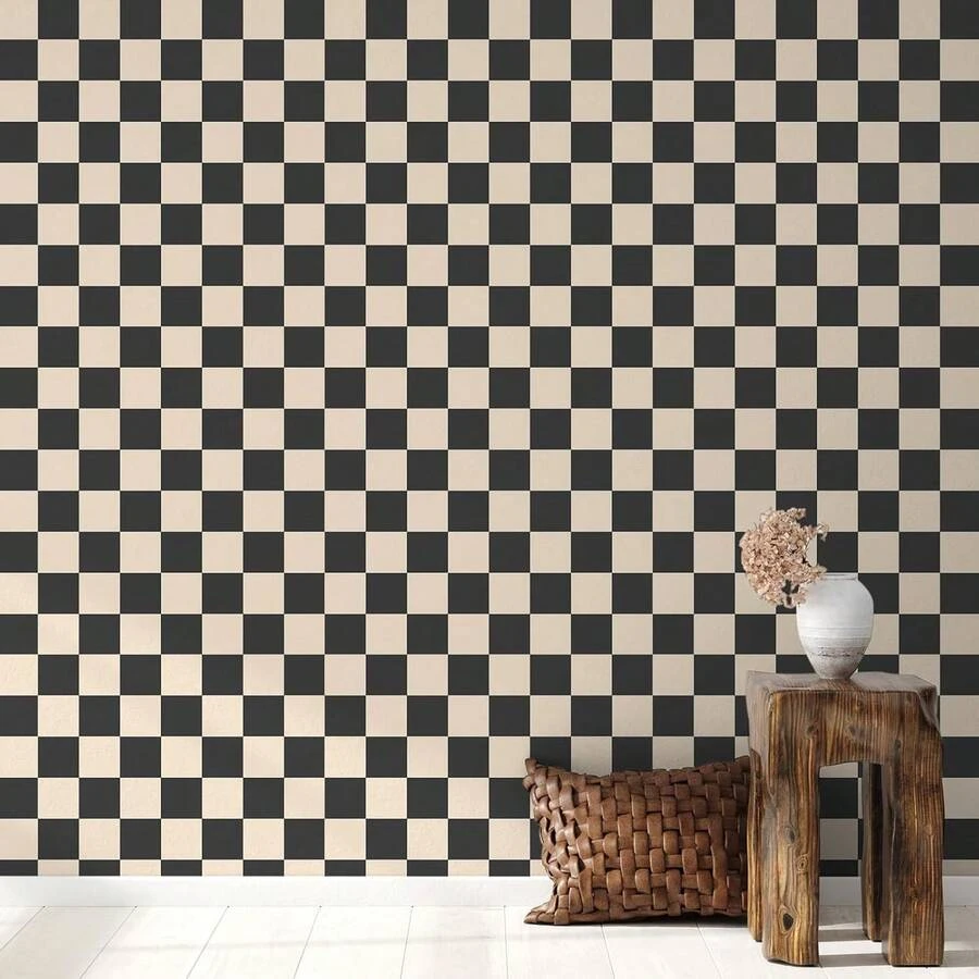Papier peint amovible à carreaux noir et marron, papier contact à motif de grille à la mode, papier peint imperméable pour la décoration des armoires de salle de bain - 1PC - Voir 1
