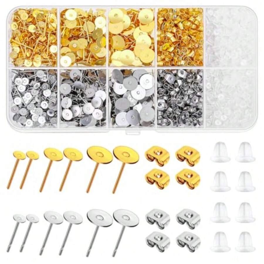 Hypoallergenic Earring Posts and Backs 2000pcs Stud Earrings Making Kit with Ear Ring Base and Earring Backs for Leather Stud Clay Pearl Jewelry Making Gold and Silver - Oro Plata - Ver 1