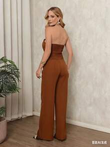 Tailored Set: Sensual Pants And Strapless Blouse With Buttons - Perfect For New Year's, Christmas, Summer, And Vacation - Màu Khaki - Xem 4