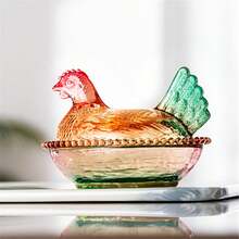 1Pc Hen On Nest Glass Dish With Lid, Vintage Easter Decor Candy Dishes For Snacks Dessert Cookies, Colorful Chicken Shaped Cookie Jar Rooster Candy Bowl For Home Kitchen Office Tabletop Decoration - Red and Green - View 5