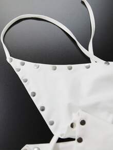 Y2K Style Sexy Women's Camisole, White Backless Tank Top With Rivet Decor, Low-Cut Spaghetti Strap Sleeveless Fitted Cropped Top Summer - White - View 9