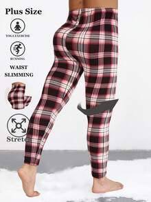 Plus Size Women's Burgundy Plaid Print Leggings, Casual Fashion Striped Elastic Skinny Pants, Minimalist Soft Comfortable Workout Pants For Indoor Exercise, Outdoor Leisure, Suitable For Spring/Summer - Wine Red and White Checkered - View 1