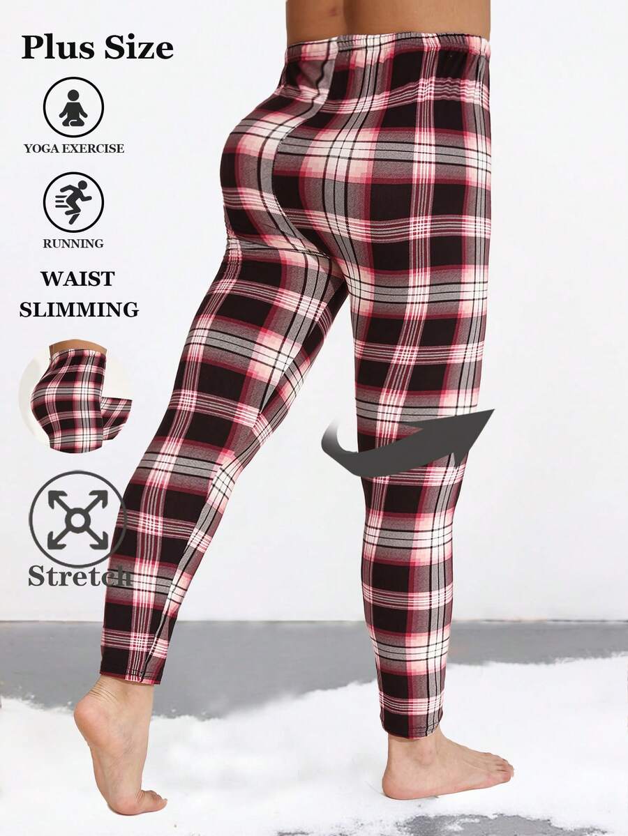 Plus Size Women's Burgundy Plaid Print Leggings, Casual Fashion Striped Elastic Skinny Pants, Minimalist Soft Comfortable Workout Pants For Indoor Exercise, Outdoor Leisure, Suitable For Spring/Summer - Wine Red and White Checkered - View 1