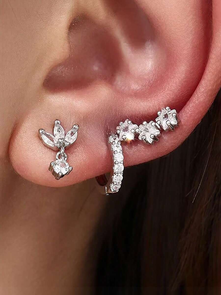 3pcs Set Luxury Star Zirconia Hoop Earrings, Punk Style Earrings For Women - 3PCS-sILVER-3# - View 1