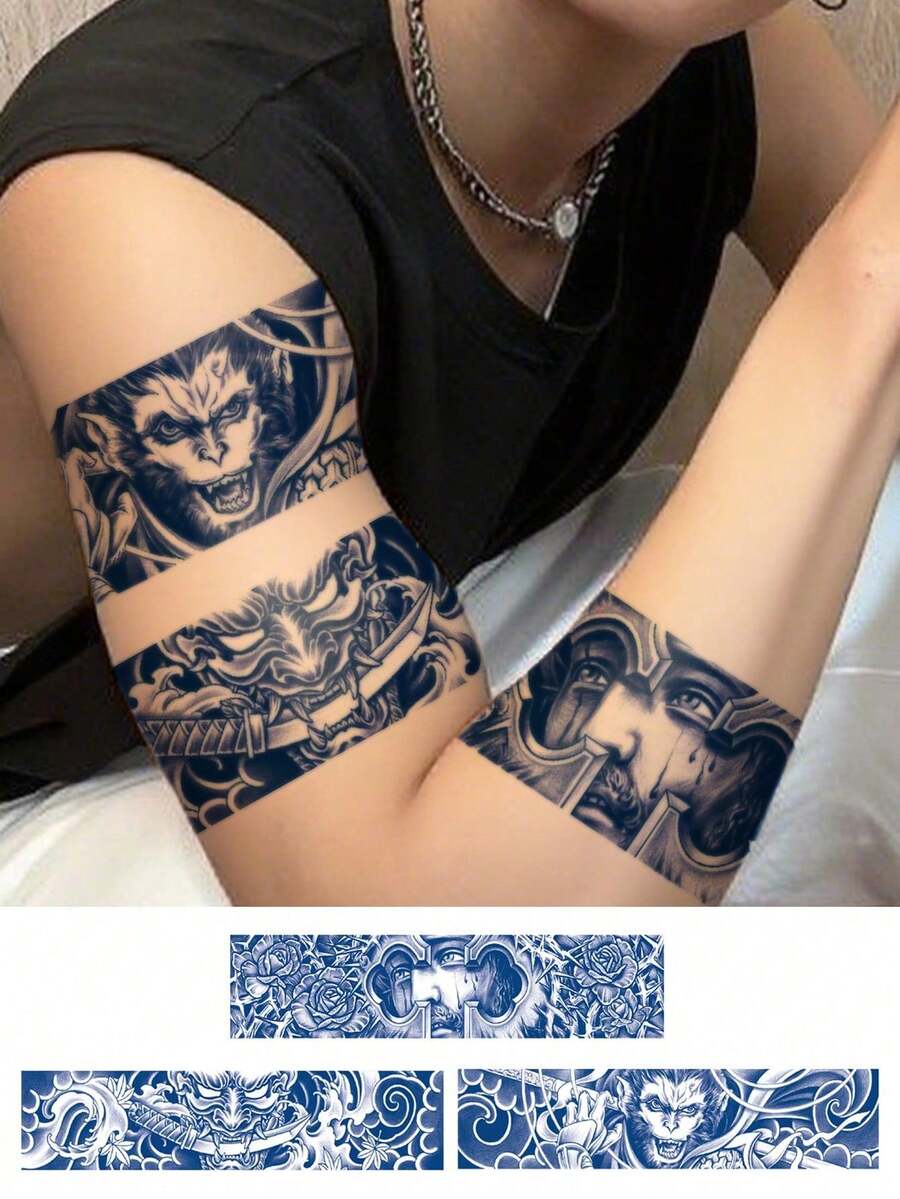 3 张 Kinnepin 草本汁纹身贴纸，半永久性人体彩绘纹身贴纸，男女通用，手臂环图案，防水假纹身，持续 2-5 天，可用于手臂、胸部、腰部、背部和腿部，快速打造持久的身体艺术。 - Blue - 查看 1