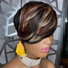 Summer Style Side Part Layered Short Brown Wigs With Gold Red Highlights Realistic Wig Synthetic Easy Install Wigs Whisper Lite Skunk Stripe Hair Edgy Short Pixie Wig Asymmetrical Fringe And Rich Feathery Layers Shades Of Brown Pixie Layered - black with brown blonde highlights - 查看 2