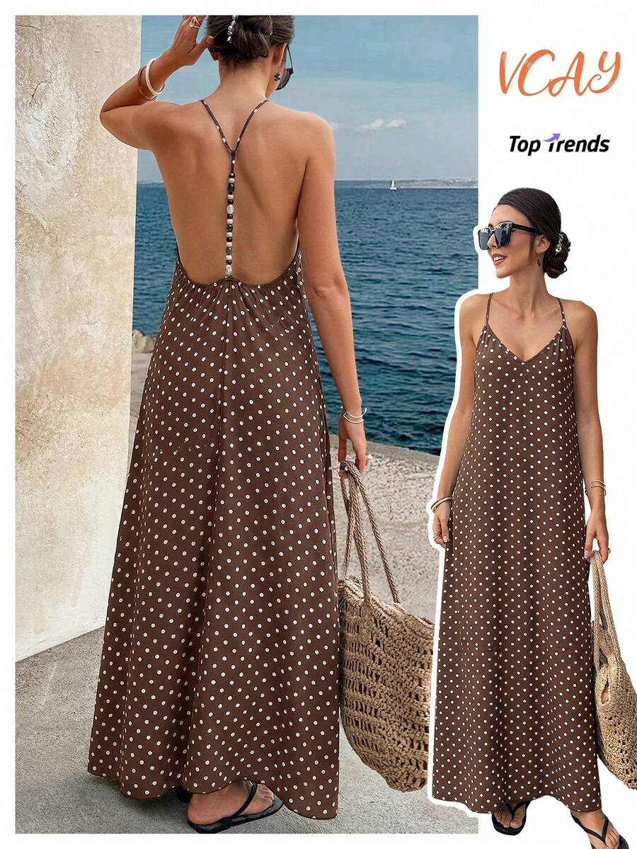 Abito a pois marrone con spalline a spaghetti, abito casual elegante in stile bohémien con schiena aperta e perline, in lino, adatto per vacanze, uso quotidiano, feste in spiaggia estive - Multicolore - Visualizzare 1