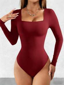 OMKAGI  Women's Long-Sleeved One-Piece Dress With A Sexy And Form-Fitting Triangle Thong Panty And One-Piece Top - 酒紅色 - 查看 1
