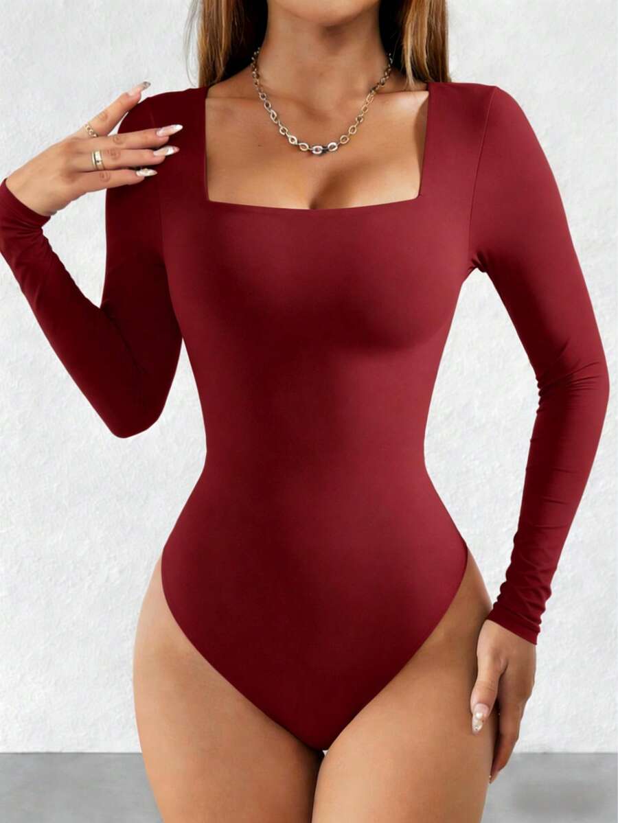 OMKAGI  Women's Long-Sleeved One-Piece Dress With A Sexy And Form-Fitting Triangle Thong Panty And One-Piece Top - 酒紅色 - 查看 1