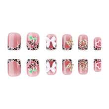 Bộ 24 móng giả vuông ngắn dập nổi, họa tiết da báo cổ điển, chất liệu acrylic bóng 3D, kèm phụ kiện hình bướm hoa anh đào màu hồng bằng kim loại vàng, thích hợp cho nữ sử dụng hàng ngày, ngày Valentine, đám cưới, tiệc tùng và các dịp khác. - Nhiều màu - Xem 2