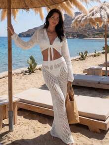 夏季新款女士时尚休闲沙滩度假两件套，白色镂空长袖系带罩衫搭配高腰紧身迷你裙，波西米亚风套装，适合沙滩度假、沙滩派对、泳池派对、郊游、假日等场合。 - 白色 - 查看 9