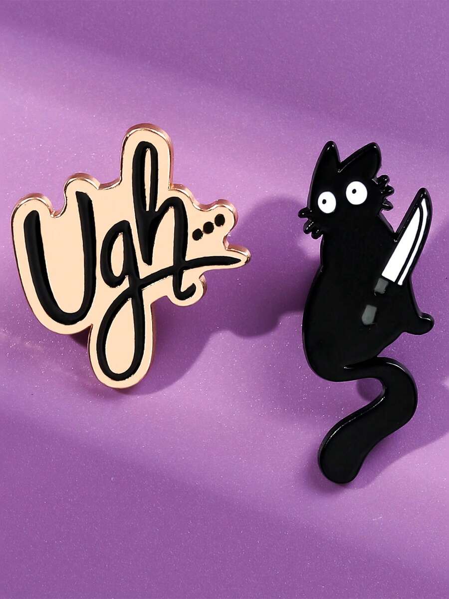 2件套趣味小众黑猫持刀胸针，Ugh字母设计，个性化表达时尚配饰徽章套装 - 彩色 - 查看 1
