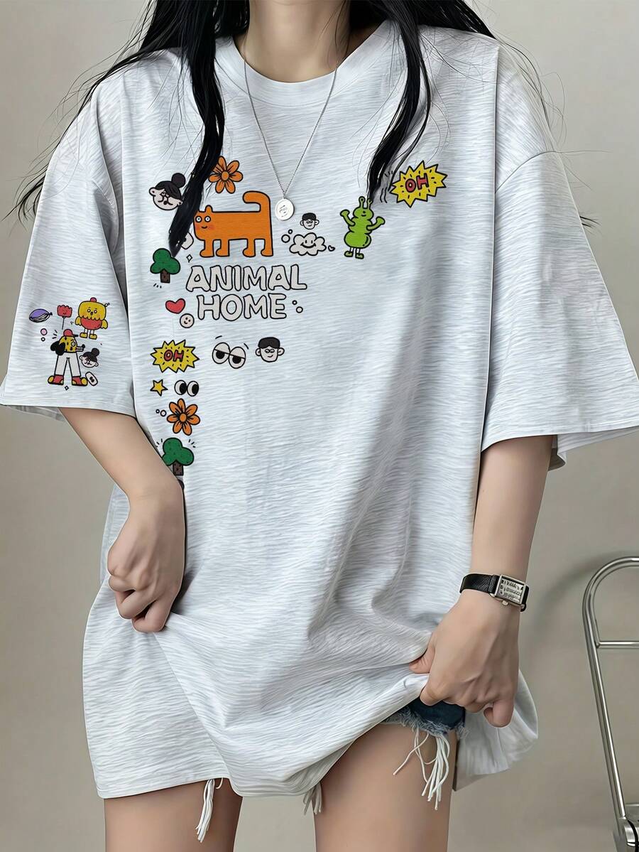 女士休闲圆领宽松卡通字母印花短袖T恤，春夏款 - 淺花灰 - 查看 1