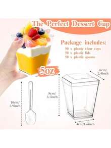 Bộ 25 chiếc/gói, cốc nhựa đựng tráng miệng 150ml/5oz kèm thìa và nắp, bát vuông tái sử dụng dùng cho bánh pudding, mousse, kem, dã ngoại, tiệc tùng. - Xem 2