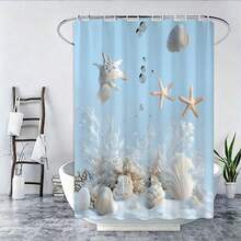 Bộ 4 rèm tắm chống thấm nước với họa tiết sao biển và vỏ sò, chủ đề nghệ thuật đồ họa, bao gồm 12 móc treo, có thể giặt máy, chất liệu polyester, phù hợp cho phòng tắm gia đình và khách sạn. - A - Xem 6