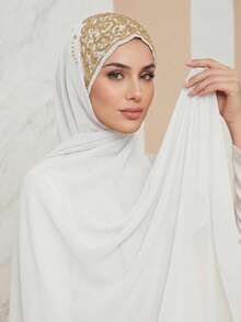 1件优雅波西米亚风雪纺头巾，金色串珠佩斯利刺绣头巾，轻盈透气，适合日常佩戴和搭配长袍，母亲节礼物 - 彩色 - 查看 3