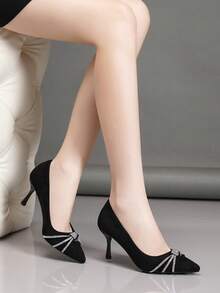 Women's Fashionable & Comfortable Rhinestone Lace-Up Pointed Toe Stiletto High Heel Pumps, Versatile Slip-On Shoes - Black - View 2