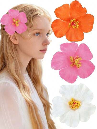 3 piezas Flor de hibisco, decoración de verano para fiesta hawaiana DIY, flor artificial para falda de baile, regalo para niña, accesorios para el cabello (blanco) Pinza para el cabello, útiles escolares, decoración para el cabello, pasador
