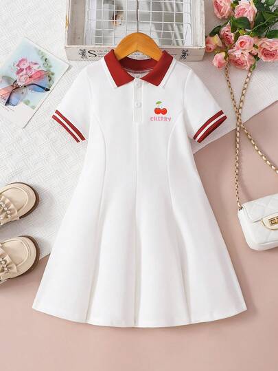 Cute Sports Girl Polo Dress | Cherry Embroidery And Striped Cuffs - Perfect For Summer Outings And Casual Days