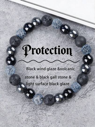 YAUKIA 1件天然8毫米黑色釉面水晶火山石黑胆石浅色表面黑色漆手镯，具有容量平衡、保护、弹力等功能，男女皆宜，适合日常佩戴。