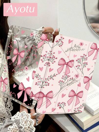 Ayotu Ốp lưng dạng gập có chân đế chữ Y, họa tiết hoa hồng nhỏ và nơ hồng, tương thích với iPad A16, Pro 13, 12.9, 11, Air 11, 13, Mini, Air 11 inch, Kindle (thế hệ thứ 11 - ra mắt năm 2024).