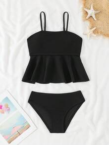 Tween Girls Knit Bikini Sets, Special Fabric, Spaghetti Strap, Cropped Tank Top Design, European & American Fashion, Minimalist Influencer Style, 2-Piece Swimwear Set, Suitable For Summer, Vacation, Beach - Black - View 1