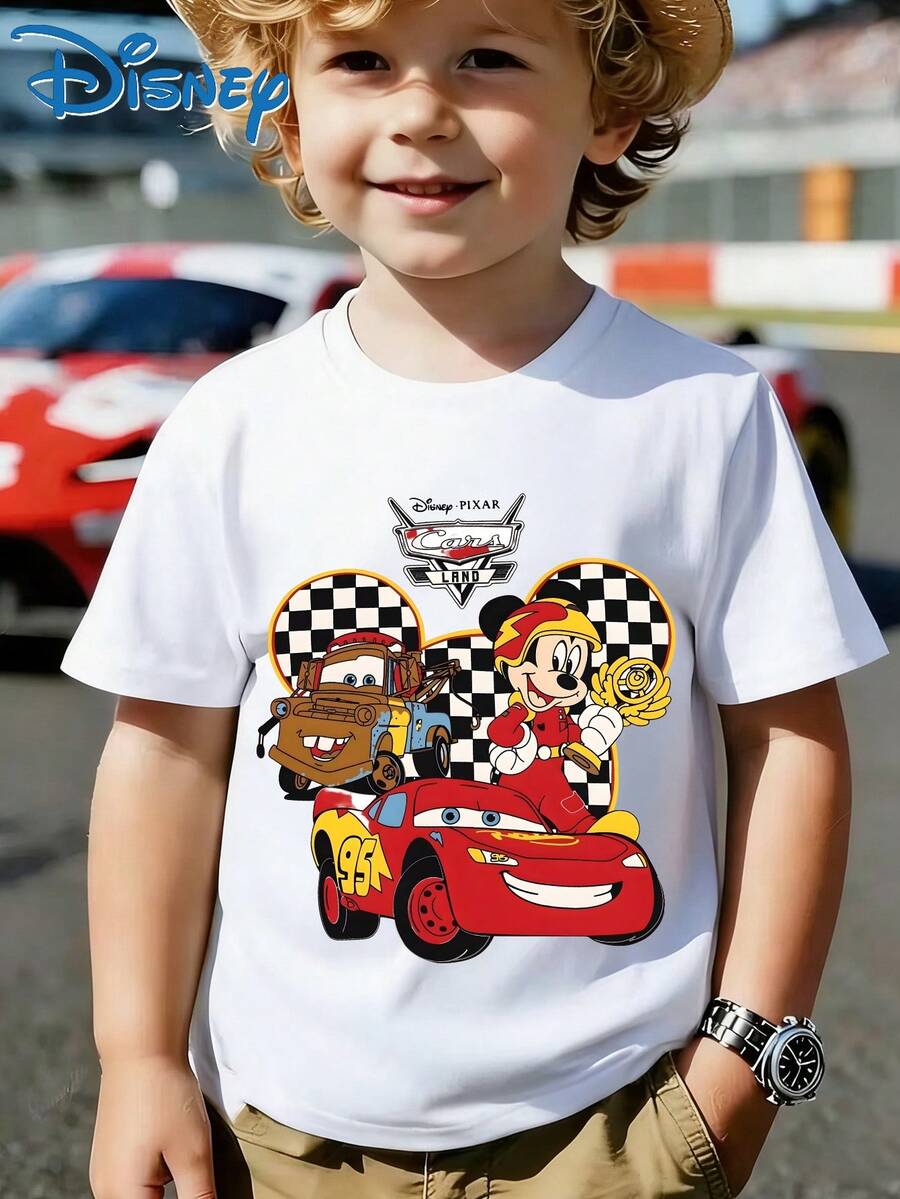 A Casual And Fashionable Short-Sleeved Boys' T-Shirt With The Disney Racing Car Lightning McQueen Pattern Printed On It. Suitable For Daily Wear. - trắng - Xem 1