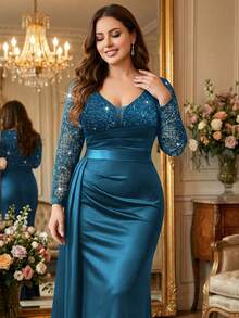 Plus Size Deep V-Neck Sequin Floral Lace Ruffle Waist Contrast Draped Side Ruffle Satin Mermaid Hem Evening Party Dress, Wedding Guest Dress, Elegant Formal Evening Gown, Suitable For Birthday, Graduation, Gala Spring - Dusty Blue - View 8