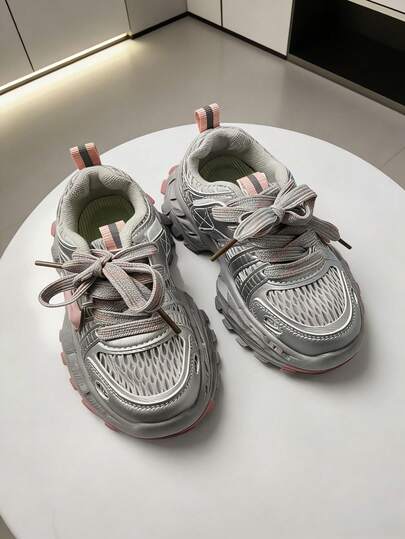 2025 New Autumn Girls' Mesh Thick-Sole Sneakers, Soft Bottom Breathable, Big Kid Sizes, Platform Sports Shoes