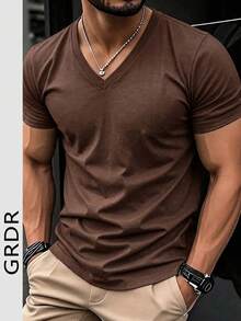 GRDR 男士时尚 V 领短袖 T 恤 | 精致设计 | 夏季必备 | 百搭易穿 | 展现您的风格 - 棕色 - 查看 3