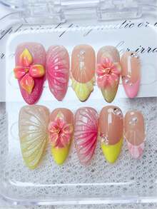 10片手工制作杏仁形美甲贴片，活力多巴胺色调，3D立体花卉装饰，黄色法式甲尖，粉色贝壳碎片，水滴形凝胶珠和珍珠，高端亚克力假指甲套装，适合女性和女孩日常佩戴 - 彩色 - 查看 3
