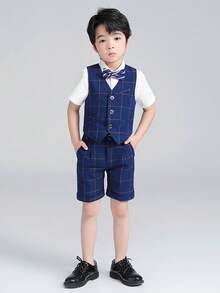 3 Peças Conjunto Infantil Xadrez, Camisa de Menino, Shorts, Terno Formal, Uniforme Escolar Primavera/Verão - Azul Marinho - Visão 1