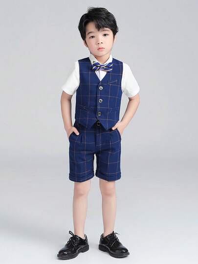 Bộ quần áo 3 món kẻ caro cho bé trai, áo sơ mi, quần short, bộ vest lịch sự, đồng phục học sinh mùa xuân/hè.