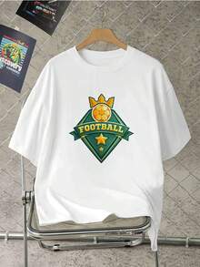 Maglietta con stampa grafica a corona da calcio, adatta per l'autunno, stile street hip-hop, traspirante, con stampa artistica - Bianco - Visualizzare 2