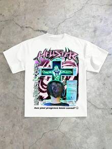 Hellstars Path 2 Paradise Progress Saved Computer Y2K Graphic T-Shirt,220g 100% Cotton,Round Neck Short Sleeve,White Streetwear Essential,Unisex Style - trắng - Xem 1