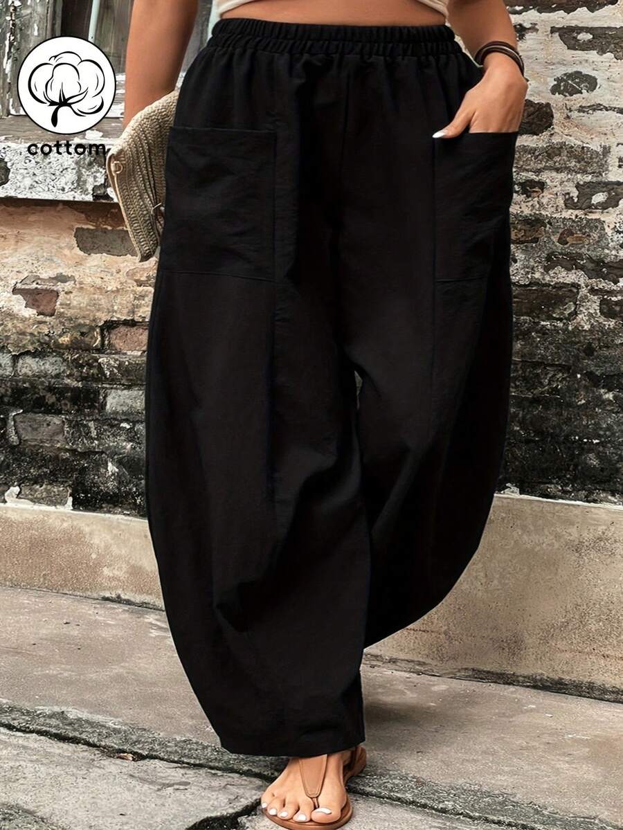 Plus Size Women's Casual Loose Straight Leg Pants, Suitable For Spring, Autumn, Holidays, Vacations, Daily Wear, Dates, Travels, Stages, Concerts, Airports, Made Of Woven Fabric Black - Black - View 1