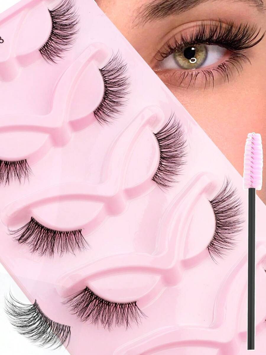 5 Pairs Natural Cat Eye False Eyelashes With Eyelash Brush, 3D Fluffy Handmade Mink Eyelashes, Suitable For Any Occasion Makeup - Black - View 1