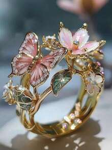 1pc Elegant Butterfly Flower Shaped Open Ring, Quality Jewelry, Suitable For Women, Wedding Party Gift, Valentine's Day Gift - Multicolor - View 3