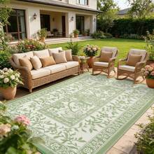 Studyset 9x12 FT Outdoor Rug, Waterproof Reversible Plastic Straw Outdoor Patio Rug, Botanical Grove Vintage Cottage Outdoor Area Rug Carpet For RV, Deck, Picnic, Beach, Backyard - Màu xanh lá - Xem 2