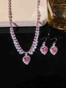 2pcs/Set Gentle & Cute Zirconia Pink Heart-Shaped Necklace & Earrings Set For Women, Suitable For Party Wear - Multicolor - View 2