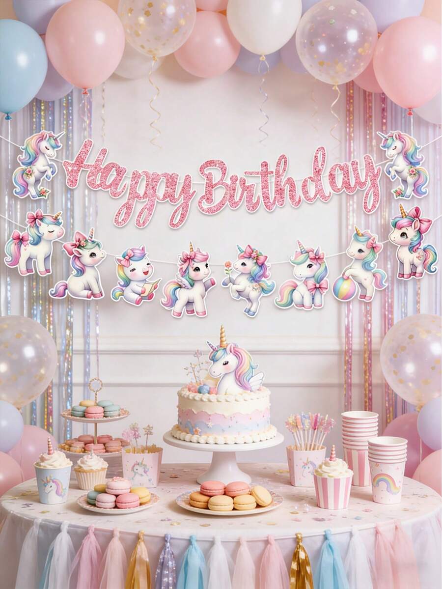 一套独角兽生日快乐横幅装饰，生日派对横幅，彩虹独角兽生日派对装饰，一周岁生日横幅，婴儿派对装饰，女孩生日派对用品，独角兽装饰，生日派对背景装饰，独角兽派对装饰