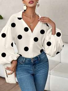 Blusa elegante de manga larga con estampado de lunares para mujer de talla grande, blusa holgada de manga farol de cuello en V, estilo casual de vacaciones de primavera en blanco [estampado aleatorio] - Blanco - Ver 6