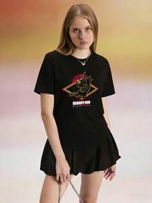 Elourie SHEIN X SCOOBY-DOO Damen-T-Shirt mit Rundhalsausschnitt, kurzen Ärmeln und lockerer Passform, einfarbig, aus 100 % Baumwolle. Das schwarze T-Shirt mit lustigem Cartoon-Welpen-Print im klassischen Stil eignet sich perfekt für Frühling/Sommer, Streetwear, Urlaub, Freizeit, Büro/Lounge/Zuhause/Outdoor-Sport, Retro-Stil, schlichtes, verspieltes Design, ganzjährig tragbar, mit Film- und Anime-Motiven, für Teenager, als Partnerlook, im Stil der 80er und 90er Jahre/Y2K, für die Feiertage. - Schwarz - Übersicht 3