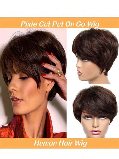 Women's 150% Density Straight Pixie Cut Wig With Bangs, 100% Human Hair Basics Style, Rose Net Cap, Versatile For All People, Heat Resistant, DIY Friendly Short Wig