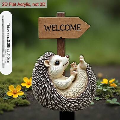 2D平面亚克力花园插牌装饰，适用于花园土壤刺猬雕像，带欢迎标牌，可装饰花坛和露台，适合户外使用和庭院装饰，2D平面风格，花园装饰，露台装饰，装饰标牌，趣味设计，欢迎装饰，花园标记，自然爱好者，户外爱好者