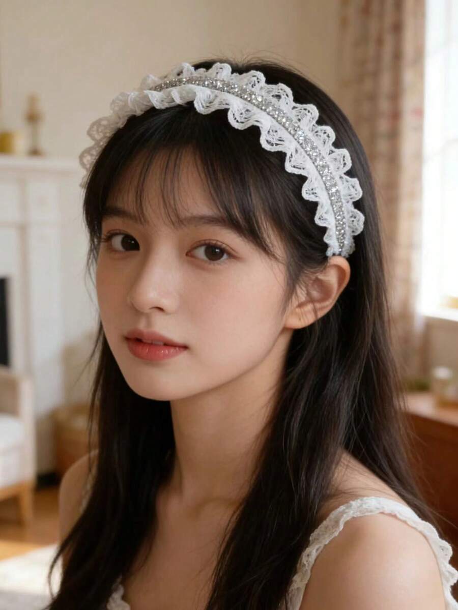 1 chiếc băng đô ren đính đá mới mùa xuân/hè, kiểu dáng dễ thương, ngọt ngào, phong cách học viện, thích hợp để đeo hàng ngày. - Nhiều màu - Xem 1