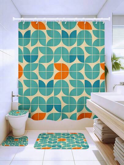 1/3/4件套中世纪现代几何图案浴室浴帘套装，72英寸*72英寸 - 蓝绿橙波西米亚风图案，防水防霉浴室配件 - 包括马桶盖套、U型马桶垫和防滑地垫，采用针织涤纶面料制成 - 可水洗，适合春季、家居/酒店/宿舍/户外/学校宿舍/西式/节日浴室装饰，返校必备，乔迁/母亲节礼物。[附赠12个挂钩]