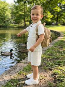 2Pcs Baby Boy Summer Outfits Short Sleeve Pocket Button Down Shirt + Shorts Set Toddler Clothes - 白色 - 查看 5