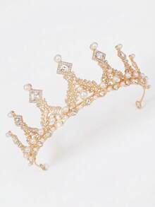 1PC Vintage Tone Pearl And Rhinestone Tiara Baroque Crown Elegant Bridal Hair Accessory 14.5cm Diameter - Multicolor - View 7