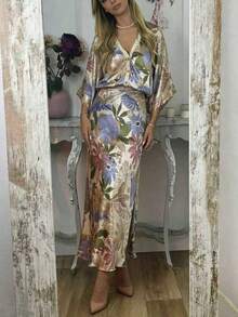 2pcs Women's Vintage Bohemian Tropical Print Midi Dress Set, Casual Fashionable Boho Style Spring/Summer Outfit - 彩色 - 查看 7